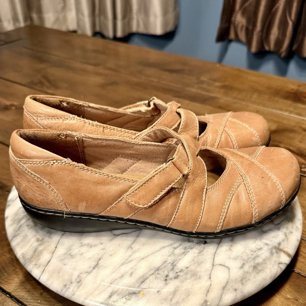 Clarks Bendables Ashland Comfort 2 Strap Mary Jane Tan Leather Shoes Women Sz 8 - Picture 3 of 5